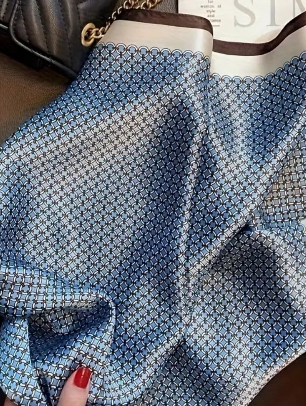 Silk-feel Blue Patterned Women's Head Scarf, Neck Scarf